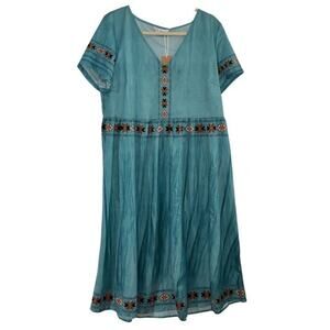 Teal With Floral Design Short Sleeve Flowing Midi Dress Size XL